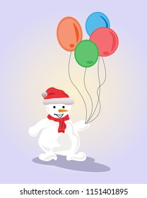 Snowman holding balloons vector illustration.  Snowman greeting card with balloons on pastel background.