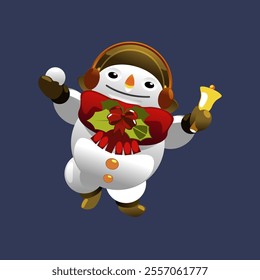 Snowman holding bells,snowball with hat and scarf. Snowman character smiling for new year holiday advertising concept. Vector illustration