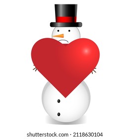 Snowman holding big red heart. Happy Valentine's Day
