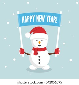 Snowman holding a blank sign. Happy new year and Merry Christmas. Flat design. Vector Illustration.