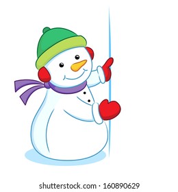 Snowman holding a blank sign, vector illustration
