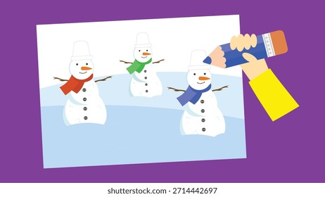 Schneemann, der eine Flasche Wasser hält. Vektorgrafik im flachen Stil