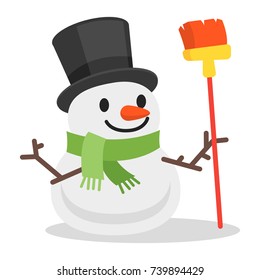 Snowman Holding Broom and Smiling. Vector illustration. Mascot character.
