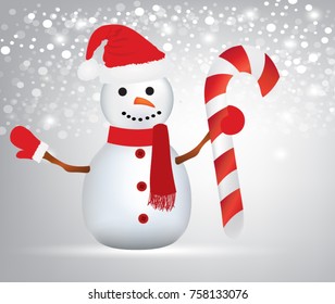 Snowman holding a christmas candy, vector 