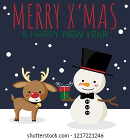 Snowman holding a gift box with a cute reindeer on snow floor with snow falling and MERRY X'MAS & HAPPY NEW YEAR text. Winter holidays season cartoon character background. Vector illustration.