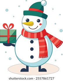 snowman is holding a gift box vector art illustration