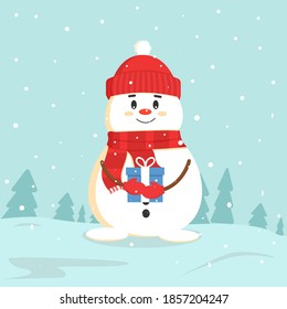 snowman holding a gift. Winter is snowing. Christmas card. Congratulations on 2021. Festive character. Card. Design for toys. Vector illustration
