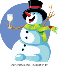 
Snowman Holding a Glass of Champagne Vector Cartoon Illustration. Funny Christmas character celebrating with white wine glass 
