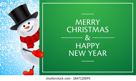 Snowman holding a green banner with Christmas greeting text. Horizontal Christmas background, with Santa Claus, and a billboard on a blue snowy background. Vector design for Xmas, and New Year.