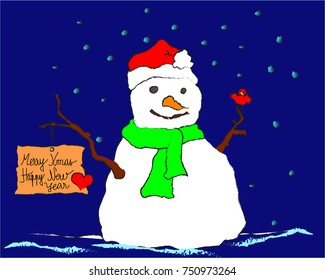 Snowman holding a Merry Xmas and Happy New Year sign. Happy snowman with a santa hat and a bird.