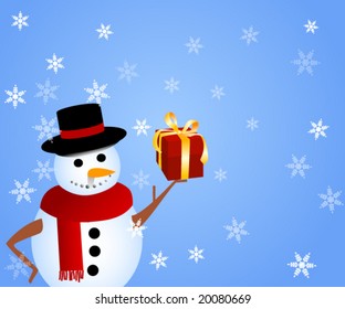 a snowman holding out  a gift with snowflakes falling