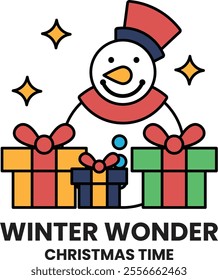 A snowman holding presents and a Christmas tree. Winter wonder christmas time. The snowman is smiling and holding a bunch of presents