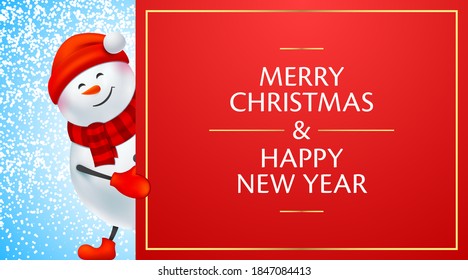 Snowman holding a red banner with Christmas greeting text. Horizontal Christmas background, with Santa Claus, and a billboard on a blue snowy background. Vector design for Xmas, and New Year.