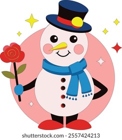 snowman is holding a rose vector art illustration