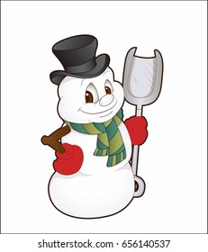 The snowman is holding a shovel