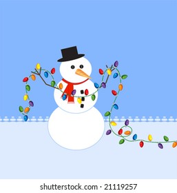 Snowman holding a string of christmas lights