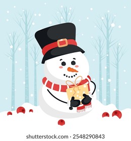 Snowman holding yellow wrapped gift box, Vector