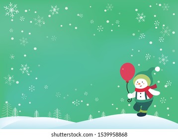 Snowman holds balloons in the snow in his hand. Christmas card design. Christmas vector illustration.