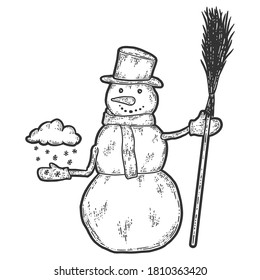 Snowman holds broom and cloud of snow in his hand. Sketch scratch board imitation.