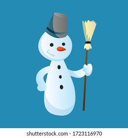 Snowman holds a broom in his hand with top hat