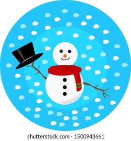 snowman holds a hat in his hand he smiles on a blue background falling snow object for design new year and christmas concept