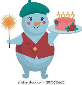 A snowman holds a New Year's cake 2022 in his hands. Funny Christmas snowmen.  Vector illustration of a character isolated on a white background. 
