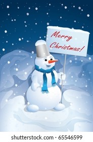 The snowman holds the poster with a congratulation.