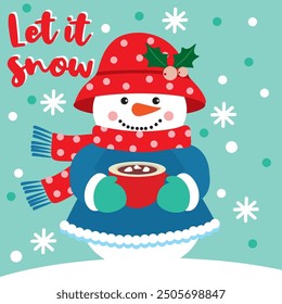 Snowman and Hot Cocoa For Christmas Card or Bag design