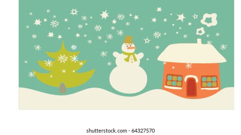 snowman, house, christmas tree