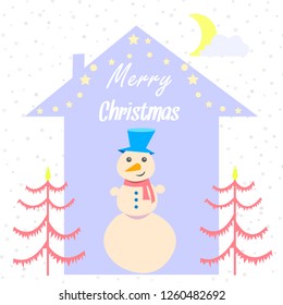 Snowman in the house and the inscription Merry Christmas, festive Christmas tree snow. Vector illustration.