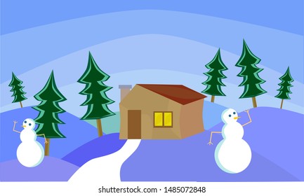 snowman and a house in winter