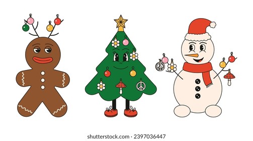 Snowman, hristmas tree, gingerbread in style Groovy Hippie 70s. Merry Christmas and Happy New year trendy vintage retro cartoon characters.