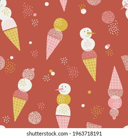 Snowman ice cream cone vector seamless pattern. Yummy Christmas sweets background for kids. Nursery Xmas party Scandinavian decorative childish print design. 