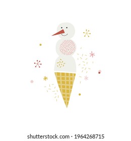 Snowman ice cream cone vector illustration isolated on white. Yummy Christmas sweet graphics for kids. Nursery Xmas party Scandinavian decorative childish print design. 