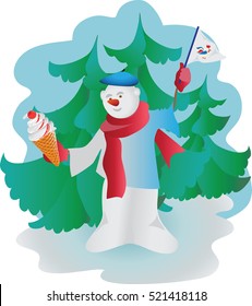 Snowman with ice cream. Vector image.  Design banners, posters, greeting cards.
