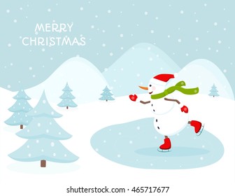 Snowman ice skating outdoors on a frozen lake. Hills trees snowfall landscape backdrop. Merry Christmas greeting card template.