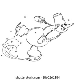 Snowman ice skating. Vector illustration of a cheerful snowman ice skating for Christmas. Hand drawn funny snowman ice skating.