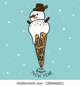 Snowman ice-cream cartoon vector illustration cute doodle style