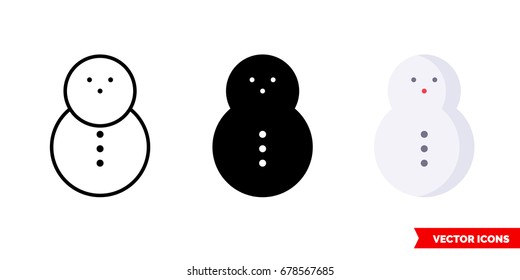 Snowman icon of 3 types: color, black and white, outline. Isolated vector sign symbol.