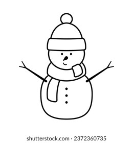 Snowman icon. Black contour linear silhouette. Front view. Editable strokes. Vector simple flat graphic illustration. Isolated object on a white background. Isolate.