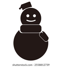 Snowman icon, black and white silhouette, smiling face, round body, small hat, scarf, simple design, vector graphic style, clean lines, cute winter symbol, holiday icon.