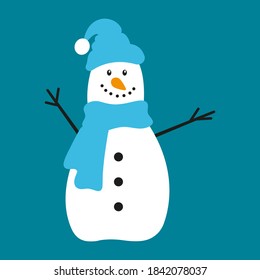 Snowman icon. Cute cartoon character. Colored silhouette. Vector flat graphic illustration. Isolated object on a blue background. Isolate.