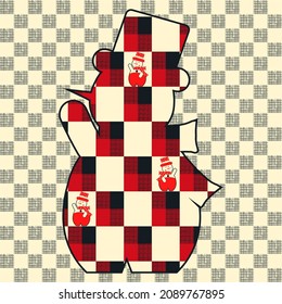  Snowman icon flat cartoon style. Snowman with hat. Vector illustration of plaid design.  Vintage ornament for wallpaper, printing on the packaging paper, textiles, poster