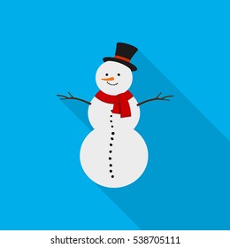 Snowman icon in flat design. Snowman with long shadow on blue background. Vector illustration.