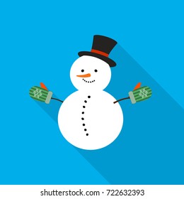 Snowman icon in flat design. Snowman with long shadow on blue background. Vector illustration.