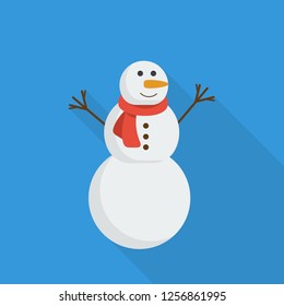 snowman icon in flat style with long shadow, isolated vector illustration on blue transparent background.