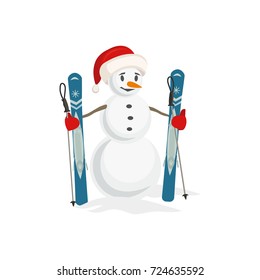 Snowman icon. Man from snow balls with mountain ski sport equipment isolated. Red Santa Claus hat, ski, poles. Playful colorful flat cartoon. Winter seasonal greeting  background vector illustration