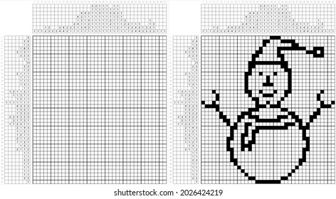 Snowman Icon Nonogram Pixel Art, Snow Sculpture Of Man Icon, Logic Puzzle Game Griddlers, Pic-A-Pix, Picture Paint By Numbers, Picross, Vector Art Illustration