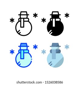 Snowman icon. With outline, glyph, filled outline and flat style