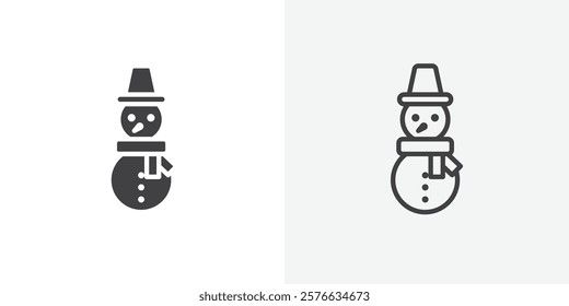 Snowman icon set in black flat solid and outlined style.